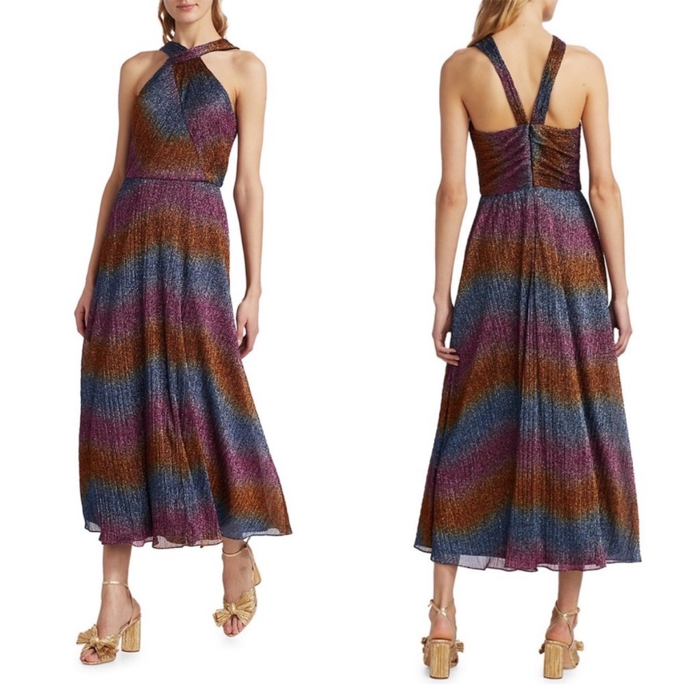 ML Monique Lhuillier Halterneck Rainbow Metallic Shine Dress - Size 12